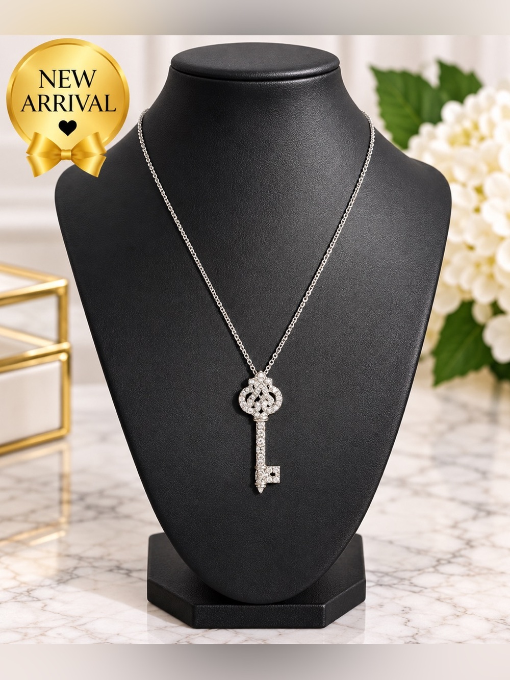 🗝️✨ Silver-Tone Crystal Key Pendant Necklace 🗝️